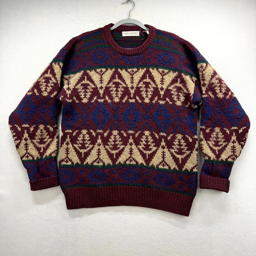 Vintage John Ashford Sweater Men Large Red Tan Fair Isle Shetland Wool Crew Neck